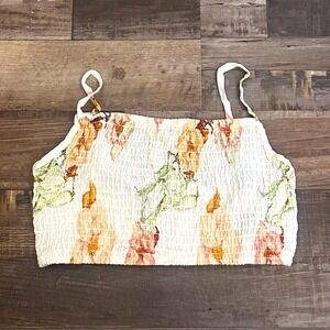 Fourteen Twelve White Floral Smocked Cropped Tank Top Square Neck Women S